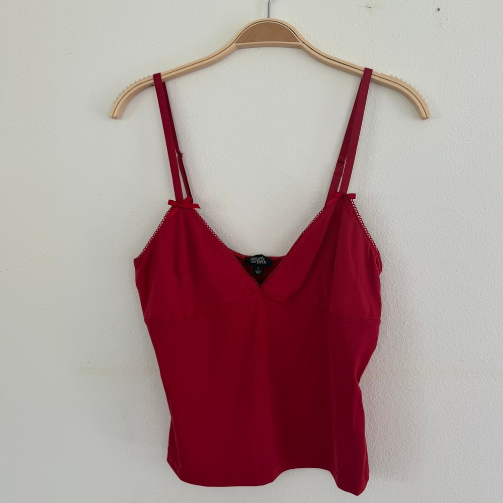 Beverly and Beck Red Lace Trim Bow Cami Top Adjustable Straps y2k babydoll fairy